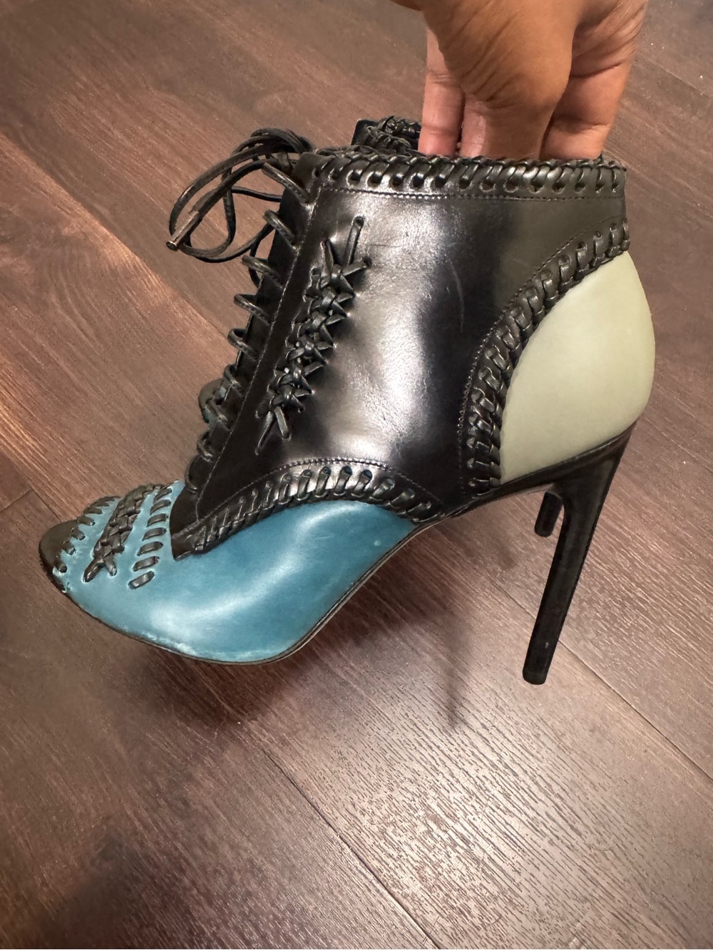 Jason Wu Colorblock Leather Whipstitch Lace-Up Peep Toe Booties 39 (US 8.5/9)